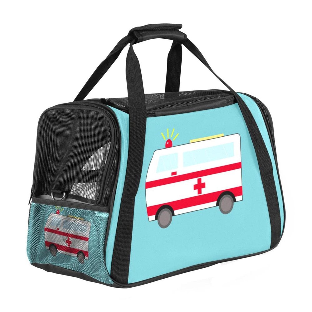 Pet Carrier, Cartoon Ambulance, Blue Background, Soft-Sided, Foldable, Airline-Approved