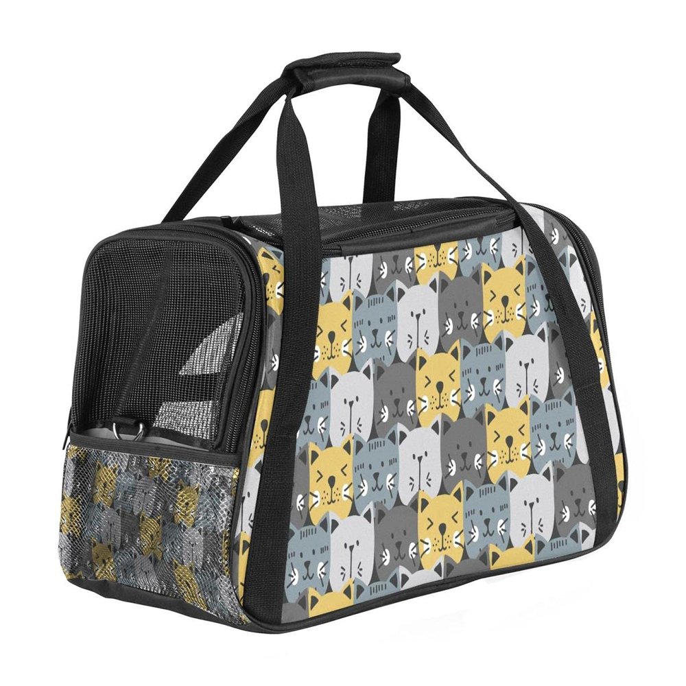 Pet Carrier, Cat Head Shape, Gray/Yellow, Soft-Sided, Foldable