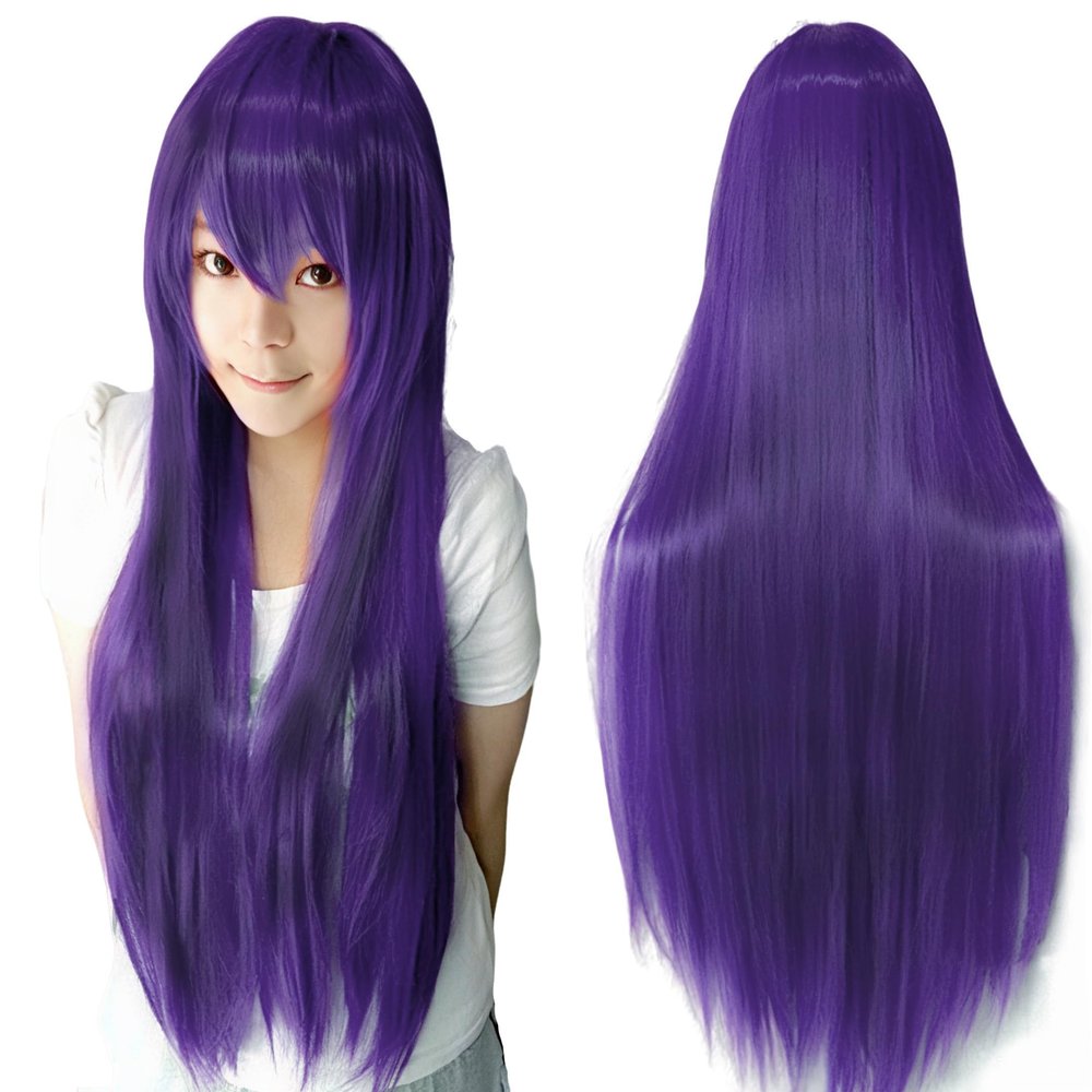 IMISSU 80 cm Long Straight Natural-Looking Hair Cosplay Wig with Bangs, Dark Purple