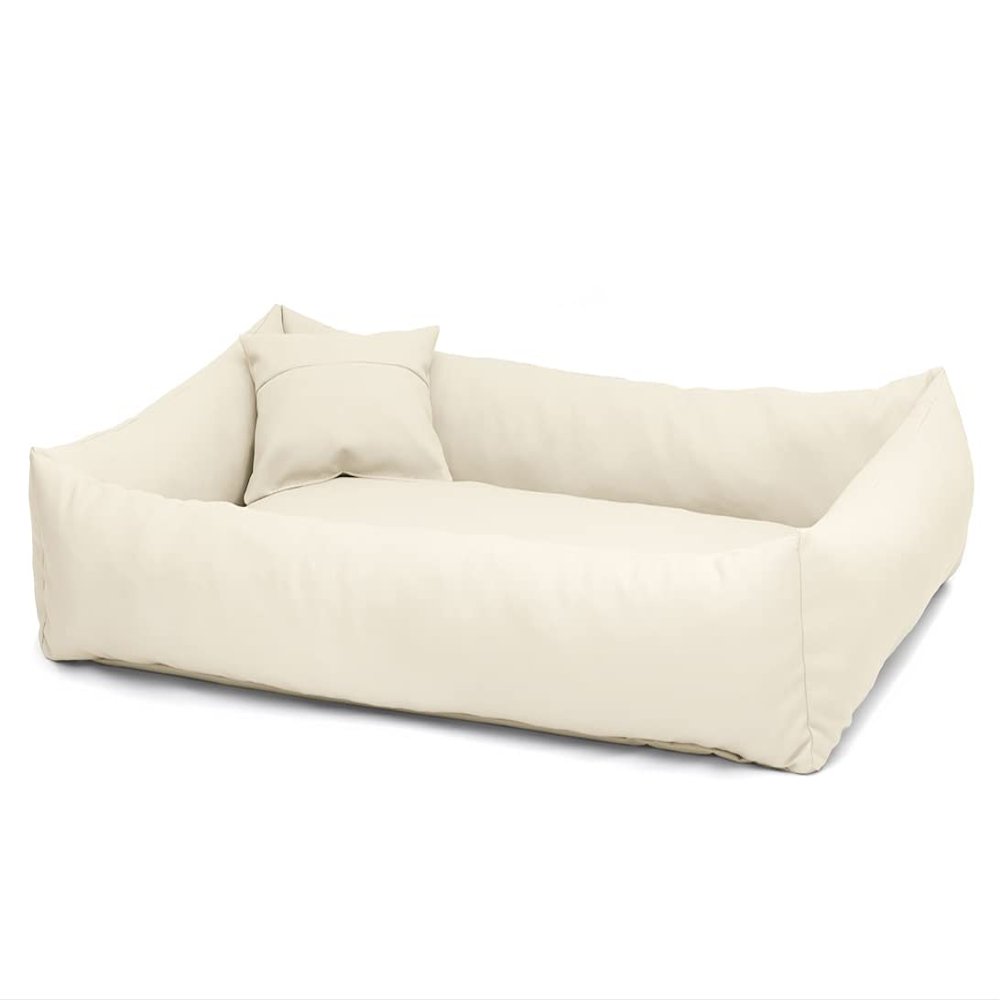 Juelle Elmo Faux Leather Dog Bed, Fluffy Dog Cushion, Soft Elegant Dog Sofa, S–XXL (70 x 50 cm, Ecru)