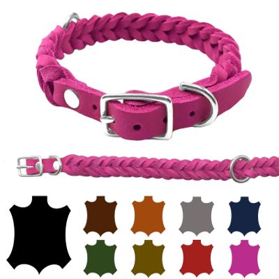 Adjustable Hand-Braided Oiled Leather Dog Collar, XXL 52–58 cm, 25 mm, Pink