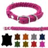 Adjustable Hand-Braided Oiled Leather Dog Collar, XXL 52–58 cm, 25 mm, Pink view 1