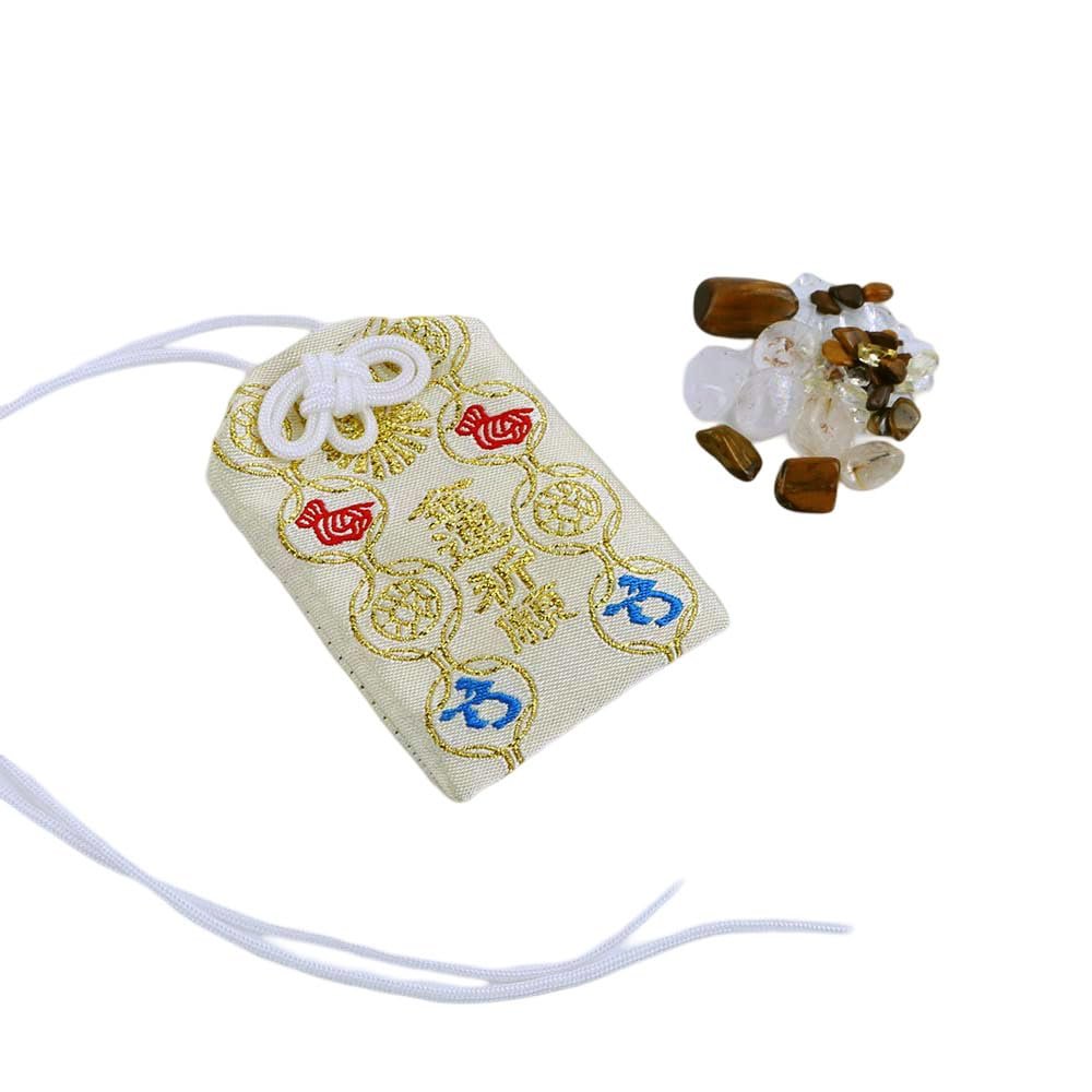 NW Japanese Omamori Crystal Charm for Wealth, Gold-Yellow, with Citrine and Tiger's Eye