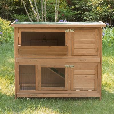 Light Brown 2-Level Wooden Rabbit Hutch for Small Animals