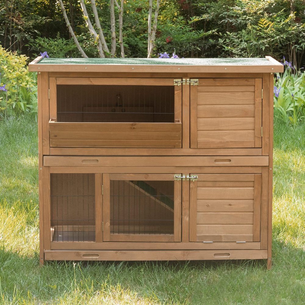 Light Brown 2-Level Wooden Rabbit Hutch for Small Animals