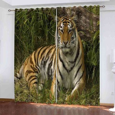 KQDMYT Blackout Curtains with Eyelets, Tiger Design, Noise Reduction, Thermal Curtains, 140 x 160 cm, Set of 2