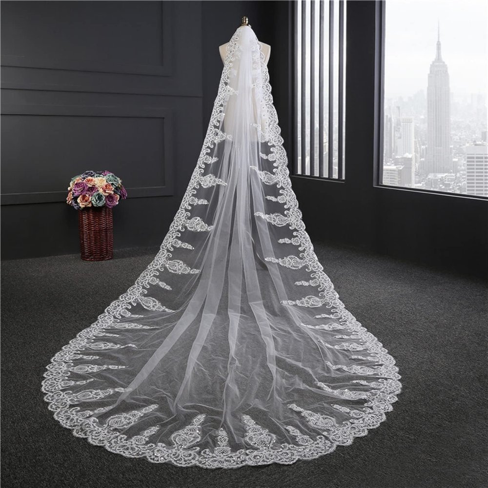 XXXXW Bridal Wedding Veil with Comb, Crystal Rhinestone Lace Headpiece, B Ivory