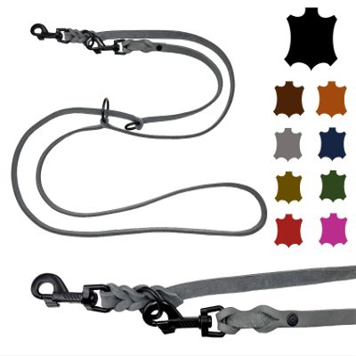 Oiled Leather Dog Leash for Small to Large Dogs, Black Hook, Adjustable Double Leash, 2 m / 2.4 m / 2.8 m / 3.5 m / 5 m (2 m x 8 mm, Gray)