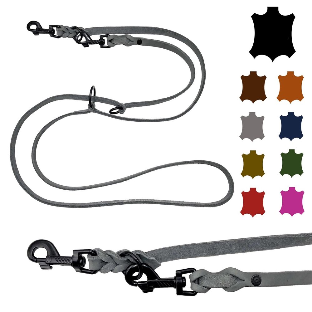Oiled Leather Dog Leash for Small to Large Dogs, Black Hook, Adjustable Double Leash, 2 m / 2.4 m / 2.8 m / 3.5 m / 5 m (2 m x 8 mm, Gray)