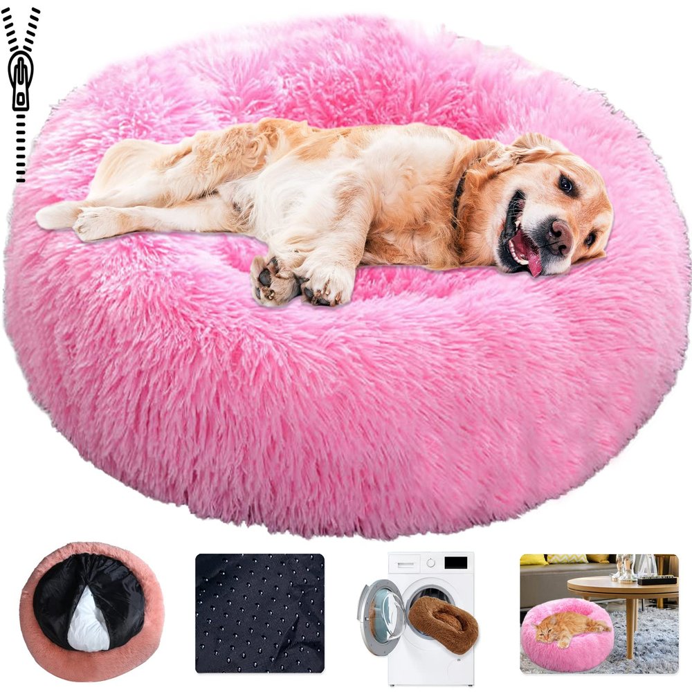 Round Donut Dog Bed, Plush Washable Pet Sofa, Pink, XL 80 cm/31.4 in