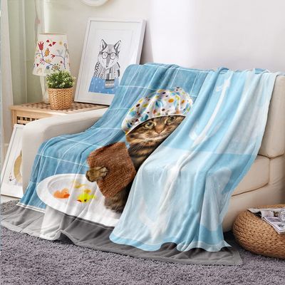 Surwin Soft Flannel Blanket, 3D Cat Print, Fuzzy Fleece Blanket, Blue Bath, 150 x 180 cm