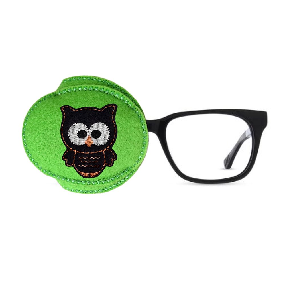 Reusable Embroidered Orthoptic Eye Patch for Amblyopia, Lazy Eye and Occlusion Therapy, Black Owl, Lime (Right Eye)