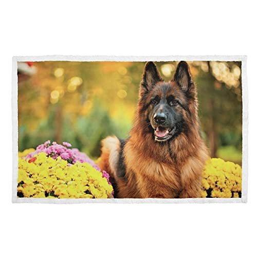 Warm Printed German Shepherd Dog Blanket with Floral Design