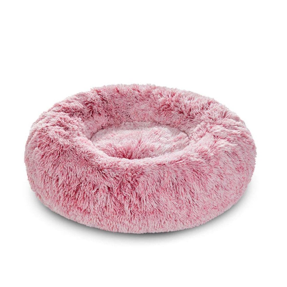 NIQIU Soft Long-Plush Pet Bed, Fluffy Round Dog Bed and Cat Mat, Washable, White/Red, M-60 cm