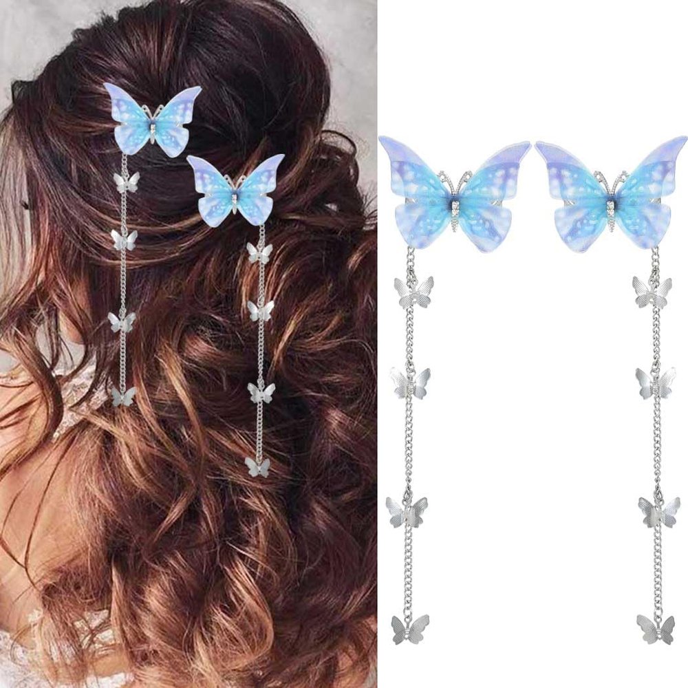Bartosi Blue Butterfly Hair Clips with Tassels, Rhinestones, 2 Pieces