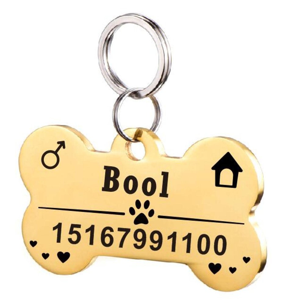 Engraved Stainless Steel Pet ID Tag, Bone, Gold, L