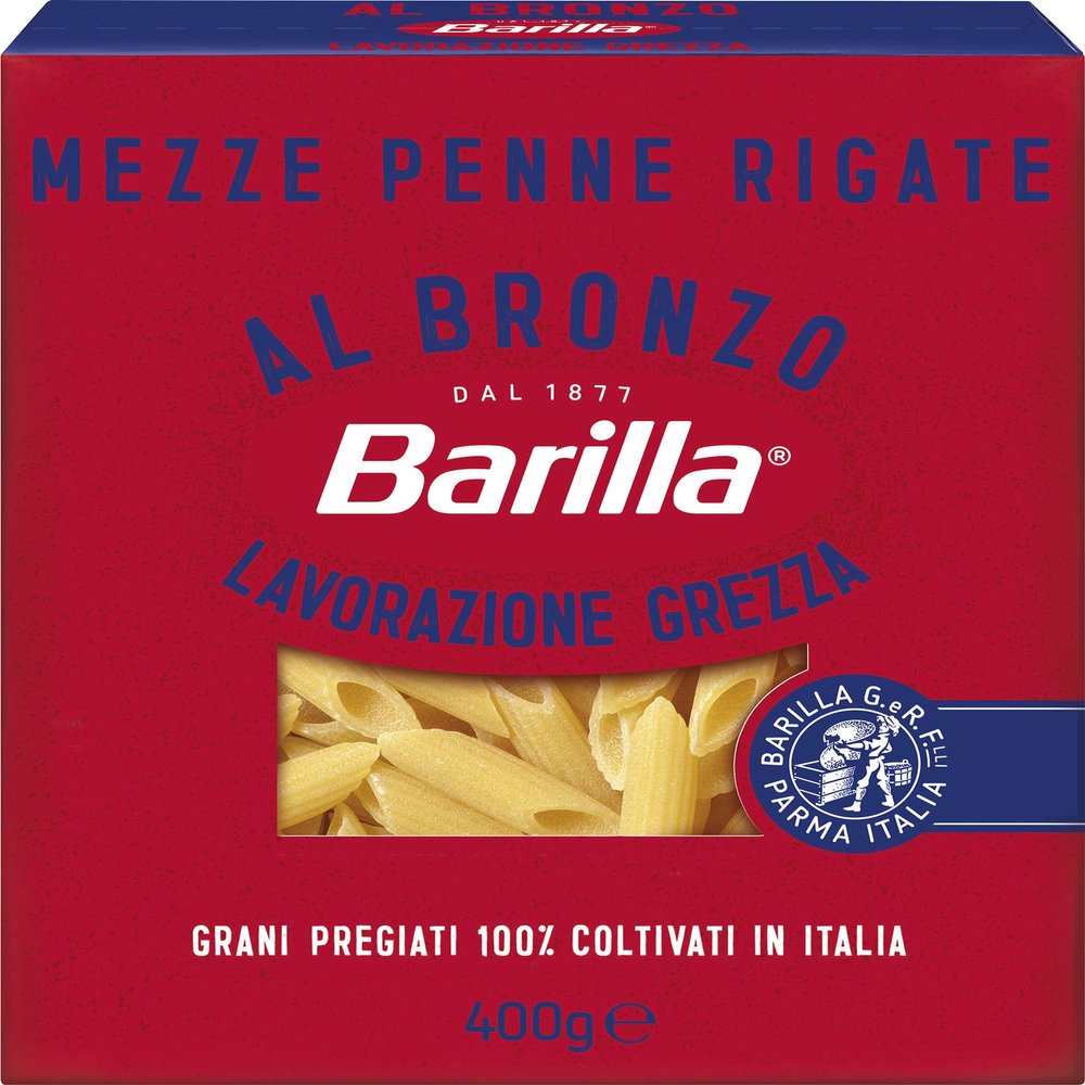 Barilla Mezze Penne Rigate al Bronzo Bronze-Die Pasta, 400 g, Uncooked