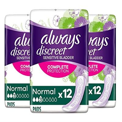 Always Discreet Normal Incontinence Pads for Sensitive Bladder, 12 ct per Pack (3 Packs)
