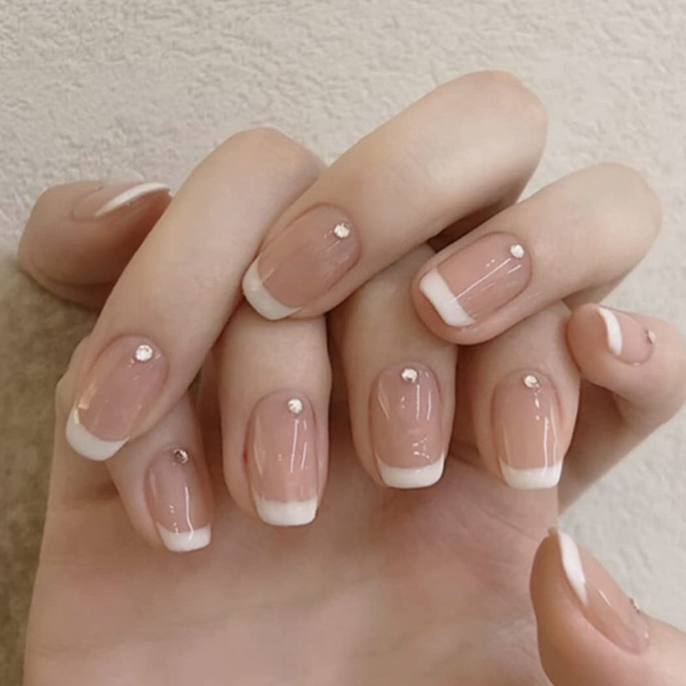 Sethexy Short Square French Ballerina Rhinestone Press-On Nails, Glossy Pink Acrylic, 24 Pieces