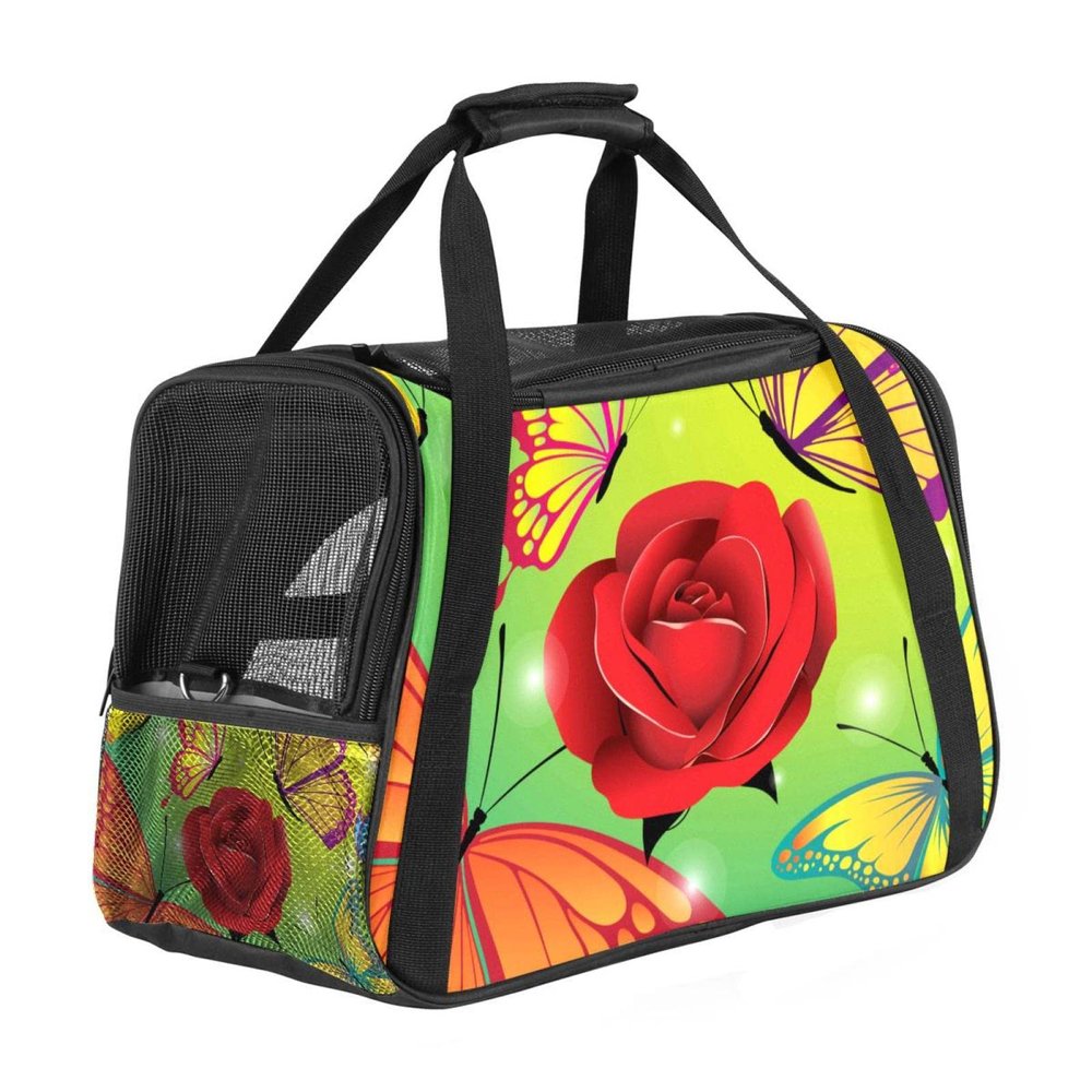 Pet Carrier Bag with Flower and Butterfly Design, Soft-Sided, Foldable