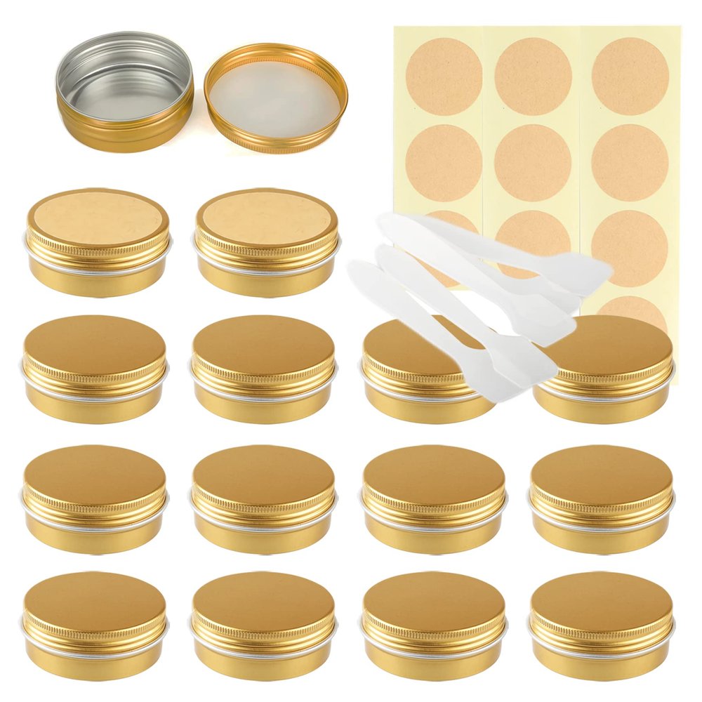LusDoly 100-Pack 60 ml Gold Empty Aluminum Screw-Top Tins, 68 x 25 mm, with Spatulas and Labels