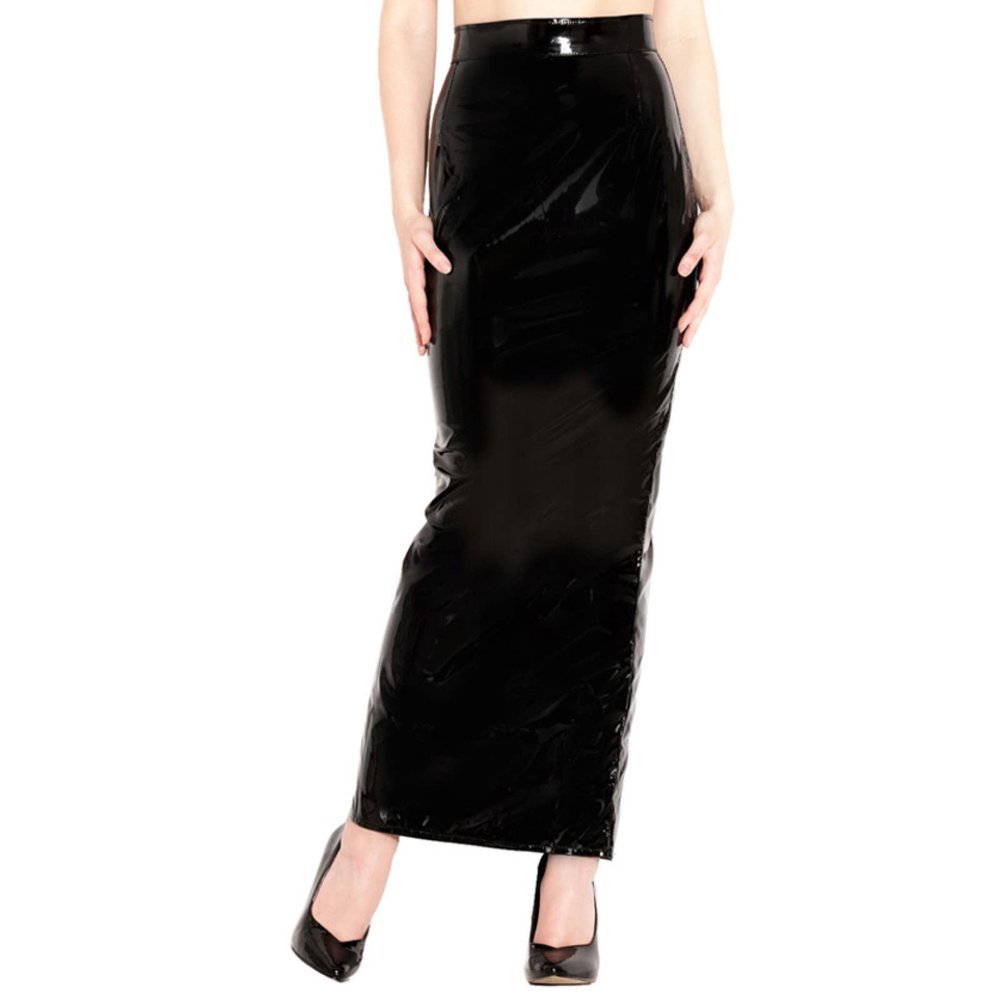 Long Black Natural Latex Skirt, Ankle-Length, Back Slit, S