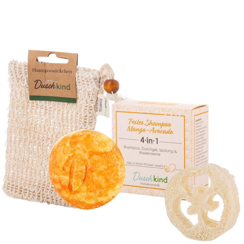 Duschkind Solid Mango & Avocado 4-in-1 Shampoo Set with Sisal Pouch and Loofah Pad