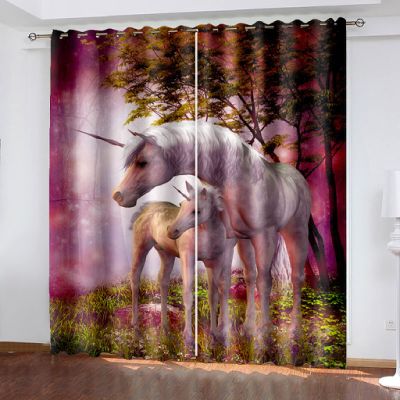 FTCAKET Purple Curtains with Flowers, Horses and Christmas 3D Pattern, 2-Piece Set, 280 x 260 cm