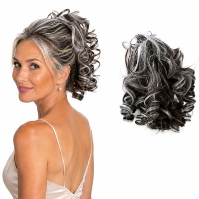 CAISHA Hairpiece Hair Tie Curly Messy Bun, Chocolate Brown/Gray Mix G29L