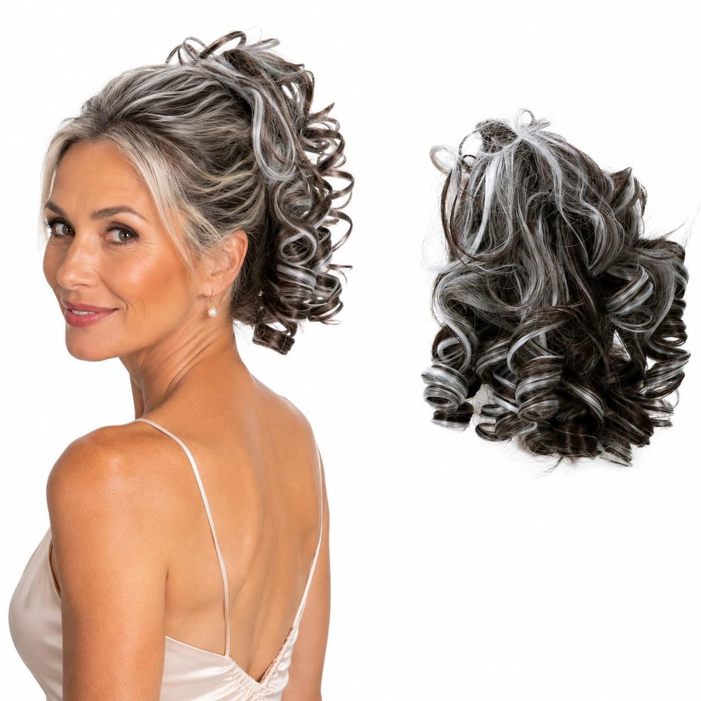 CAISHA Hairpiece Hair Tie Curly Messy Bun, Chocolate Brown/Gray Mix G29L