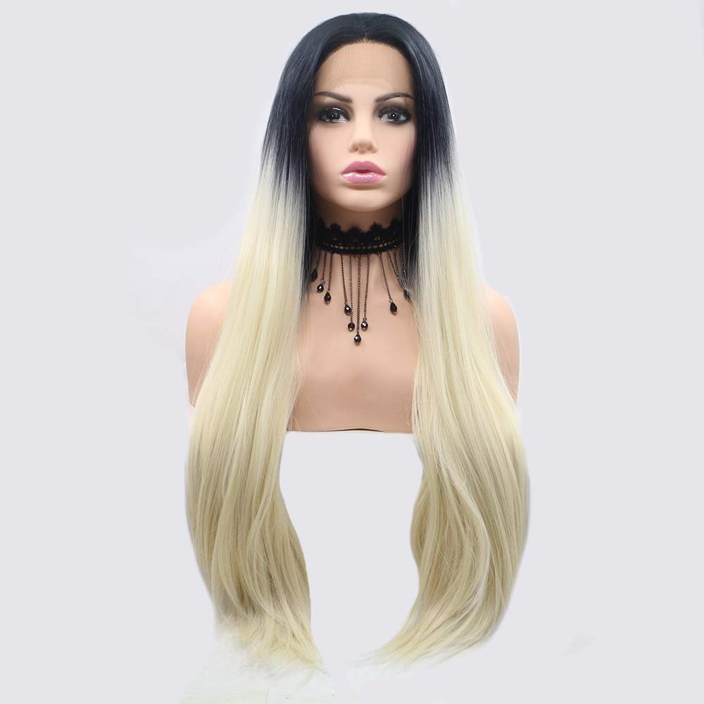 Chtom Black-Beige Long Straight Handmade Lace Wig for Women