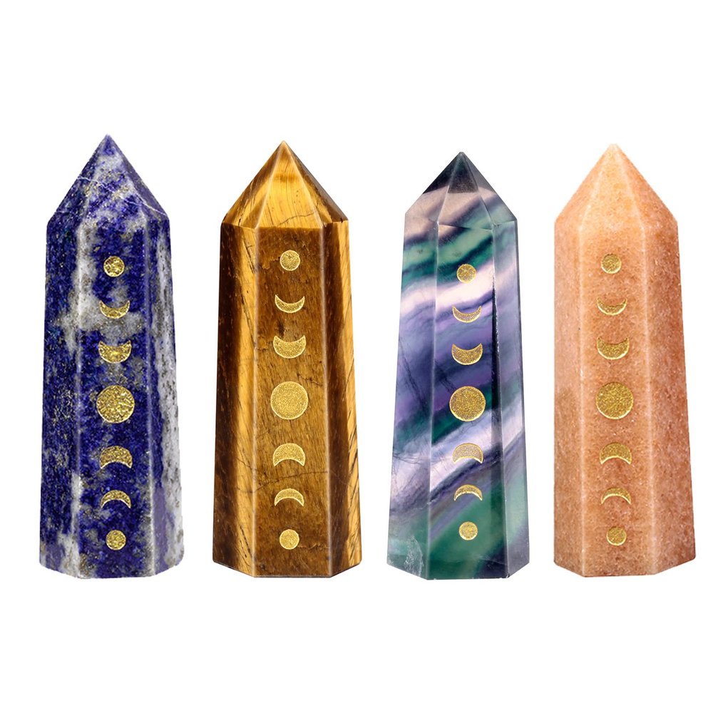 mookaitedecor Set of 4 Engraved Moon Phase Crystal Points for Reiki Chakra Meditation and Home Decor