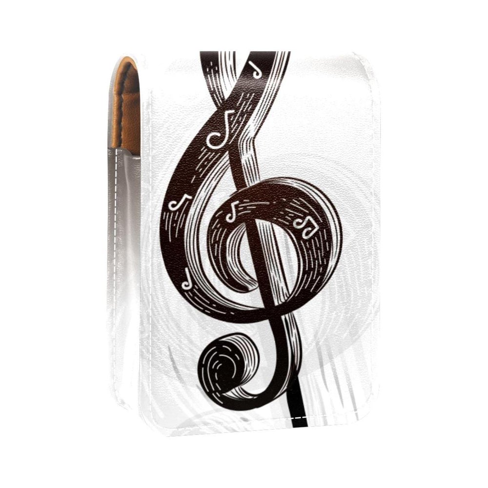 Portable Makeup Lipstick Case with Music Notes, Mirror, and Organizer, Gray/Multicolor, 9.5 x 2 x 7 cm
