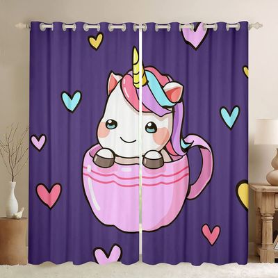 Teacup Unicorn Curtains, Cute Dreamy Horse Window Treatment for Kids, Kawaii Rainbow Unicorn Curtains, 46" x 54"