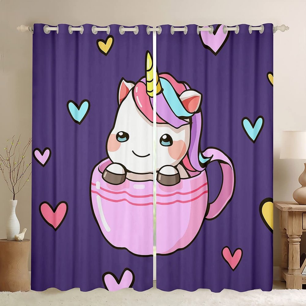 Teacup Unicorn Curtains, Cute Dreamy Horse Window Treatment for Kids, Kawaii Rainbow Unicorn Curtains, 46" x 54"