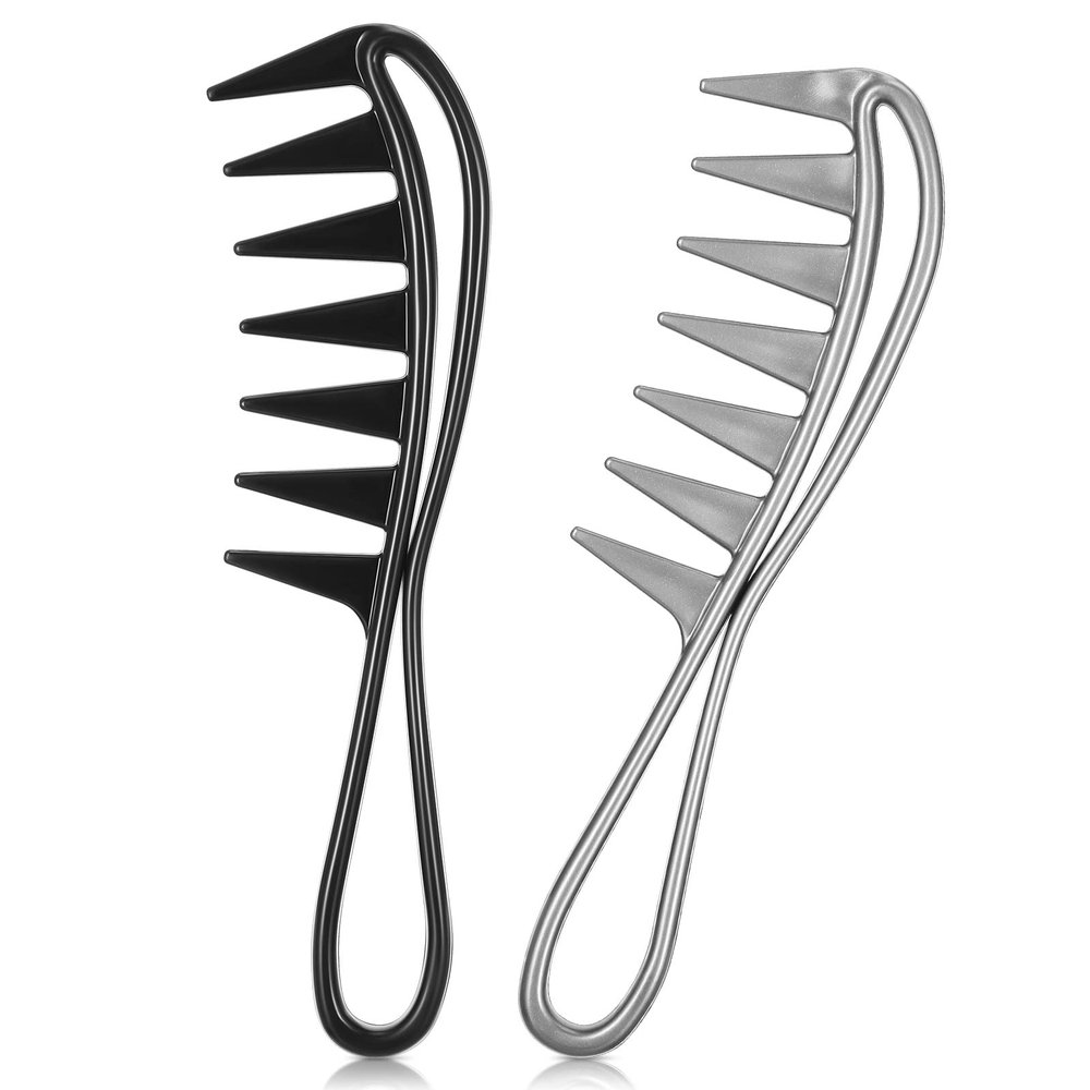 2-Piece Wide-Tooth Hair Comb Set with Handles, Black and Gray