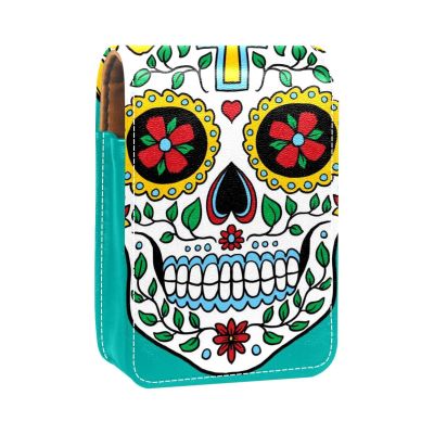 Makeup Lipstick Case for Women, Colorful Skull, Portable Lipstick Organizer with Mirror, Mini Makeup Bag for Up to 3 Lipsticks, Multicolor, 9.5 x 2 x 7 cm / 3.7 x 0.8 x 2.7 in