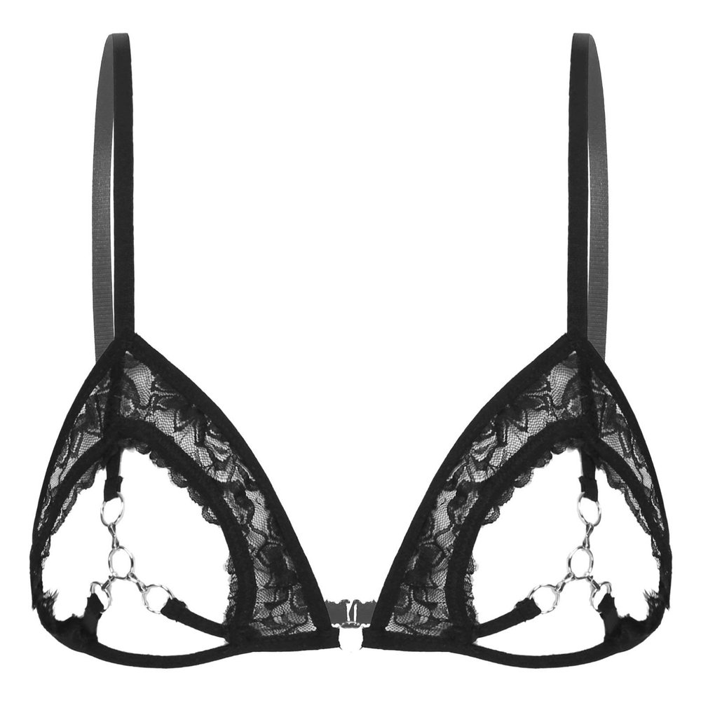 TiaoBug Women's Lace Cupless Bra, Underwire-Free Bralette with Metal O-Ring, Black, 4XL