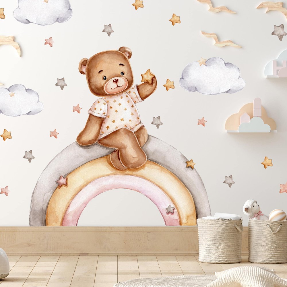WANDKIND Bear on the Rainbow Wall Decal V327 | Hand-Drawn | Kindergarten Sticker | Nursery Wall Decor, Teddy Bear with Stars (40 x 40 cm)