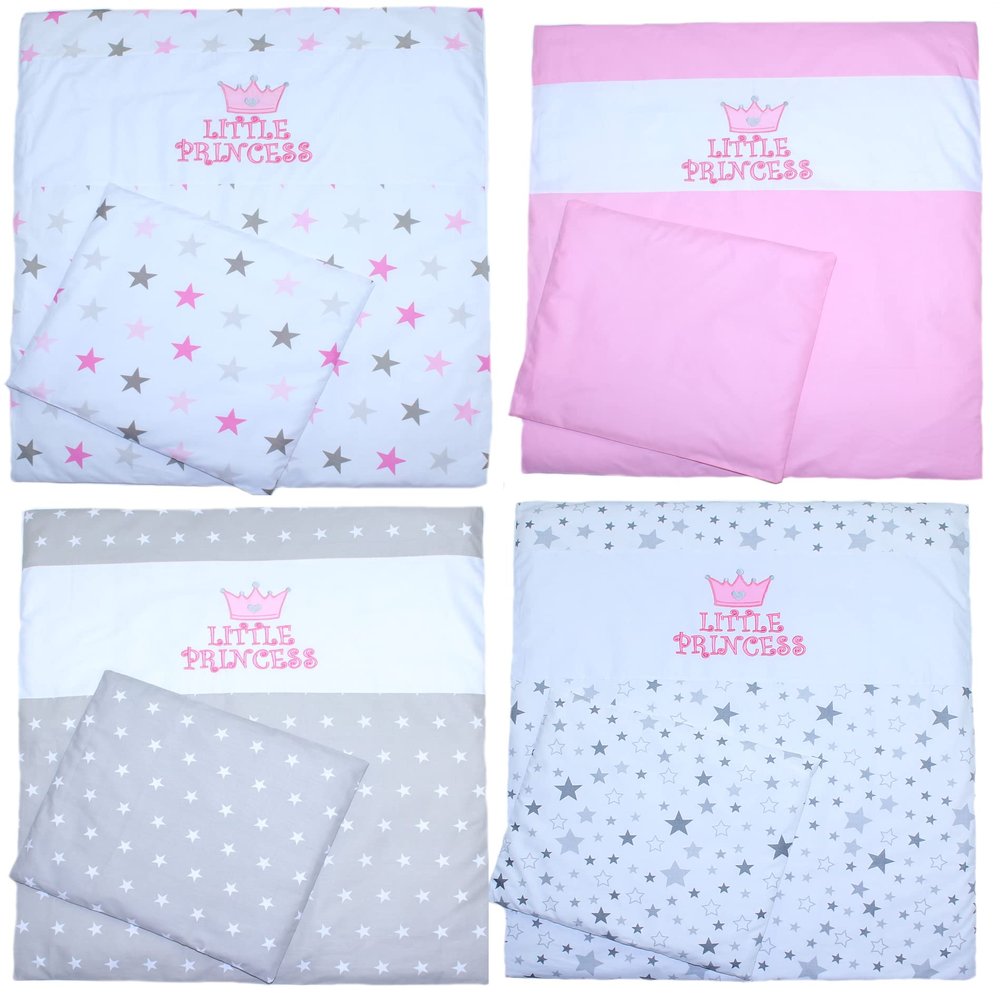 Baby Bedding Set - Princess - 70 x 78 cm for Cradle, Stroller or Bedside Crib, 4-Piece, Gray Stars