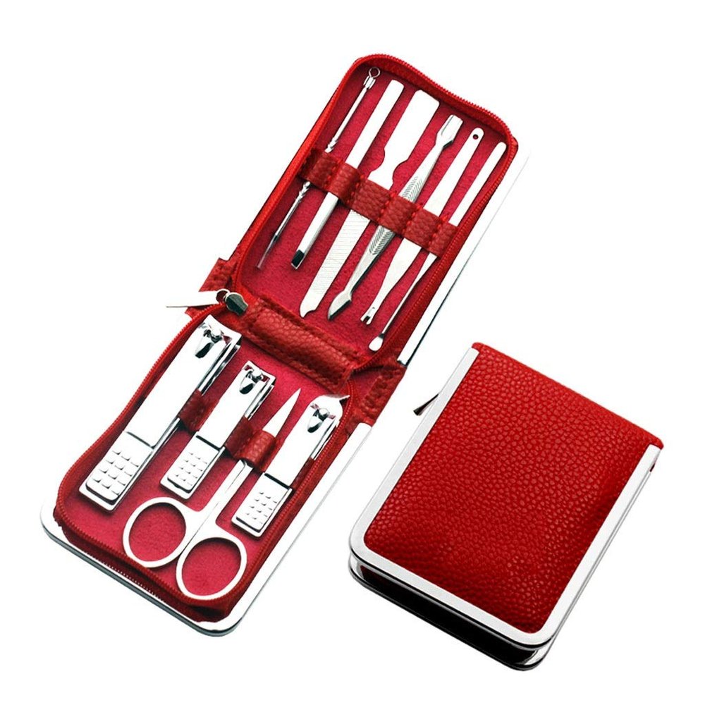 FURUIWUFENG 10-Piece Nail Clipper Set, Black Carbon Steel, Red