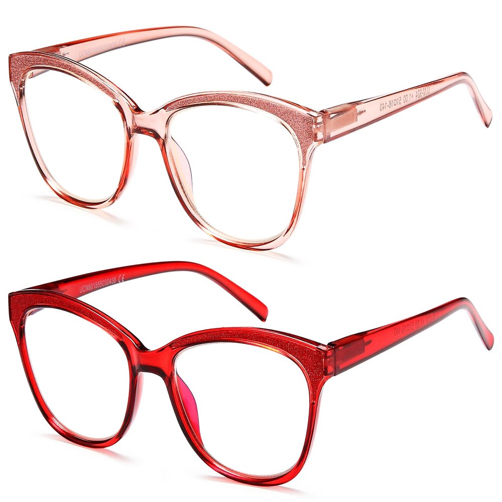 NEW VISION Reading Glasses 2-Pack, Blue Light Filter Glasses for Men and Women, NV1157 (Red + Pink, 1.5, x)