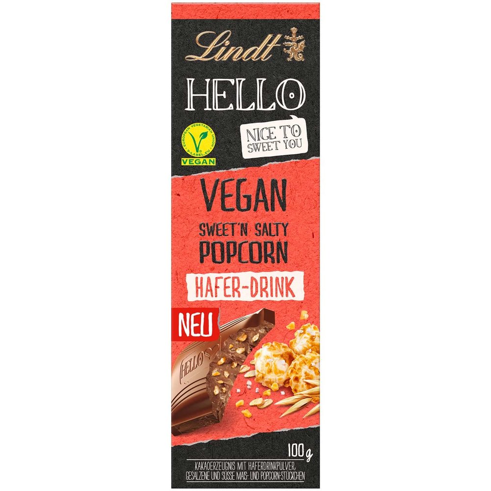 Lindt HELLO Vegan Sweet'N Salty Popcorn Chocolate, Lactose-Free, 100 g x 12 (1,200 g)