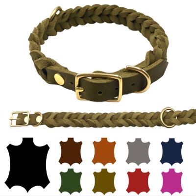 Large-Dog Oiled Leather Collar, Adjustable, Brass, Hand-Braided, Made in Germany (42–48 cm, 25 mm, Olive Green)