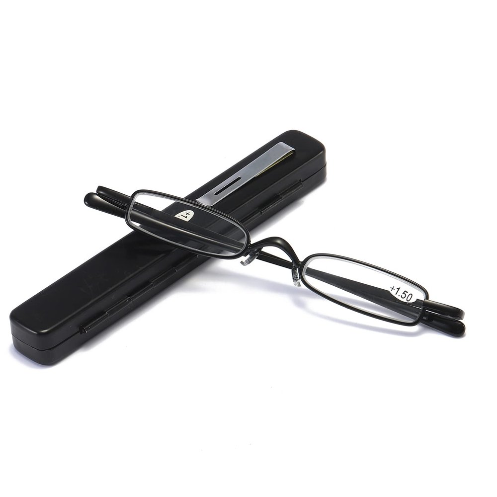 MMOWW Mini Metal Reading Glasses for Women and Men, Spring Hinges, Narrow Lightweight Frame with Case (Black, +1.5)