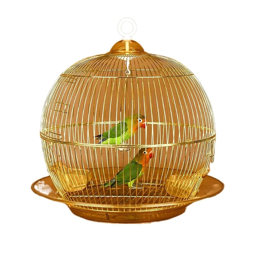 Liudan Hanging Bird Cage with Feeder, Round Gold Metal Cage