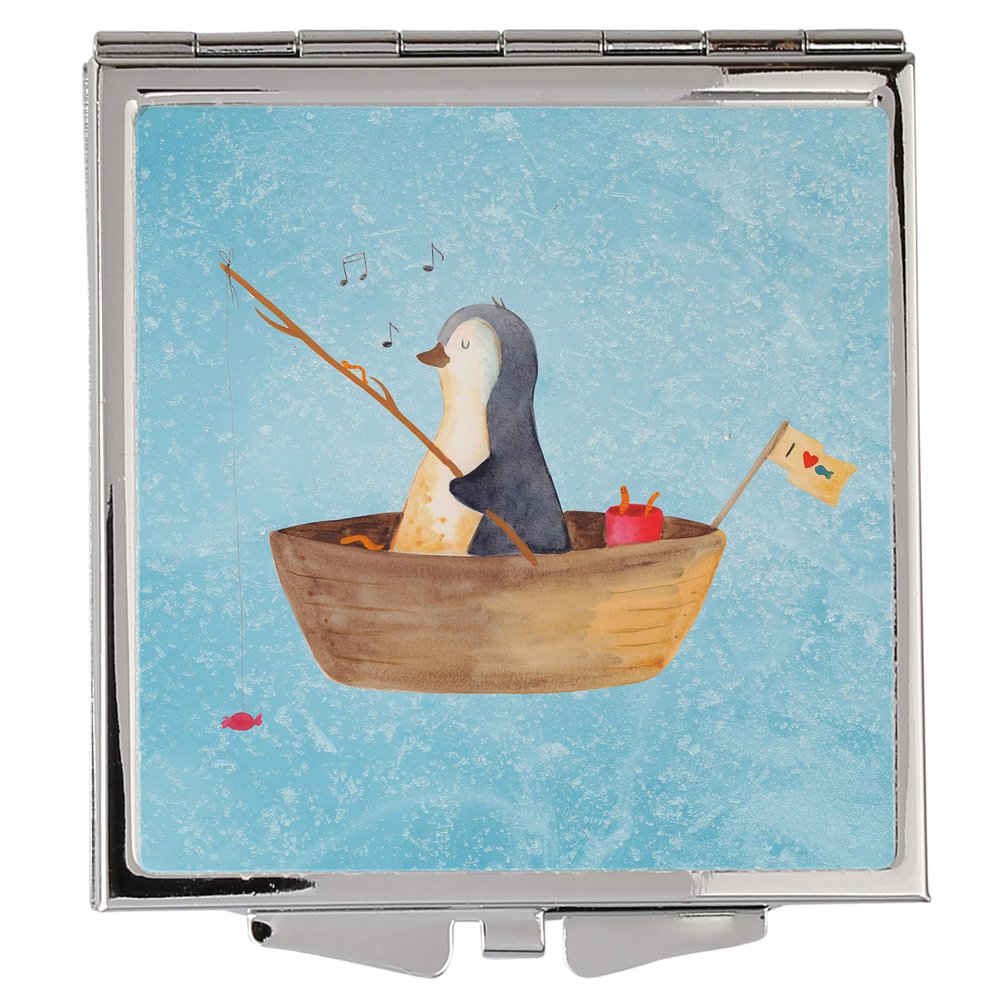 Mr. & Mrs. Panda Square Pocket Mirror, Penguin in Fishing Boat, Silver