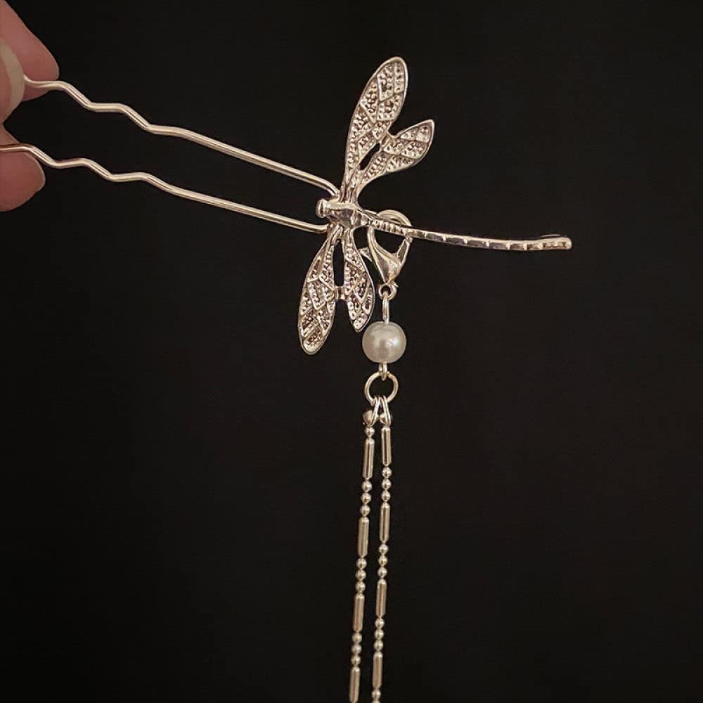 qbodp 2-Piece Silver Hair Stick Set with Chain
