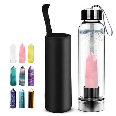 HINATAA Crystal Water Bottle, Removable Natural Quartz Bottle, 550 ml (Pink)
