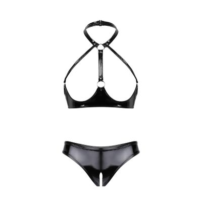 Yihuimin Women's Wetlook Lingerie Set, Open Bustier Halter Bra and Low-Rise Thong, Black XXL